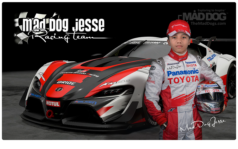 Mock-up of me in racing gear and Toyota race car.